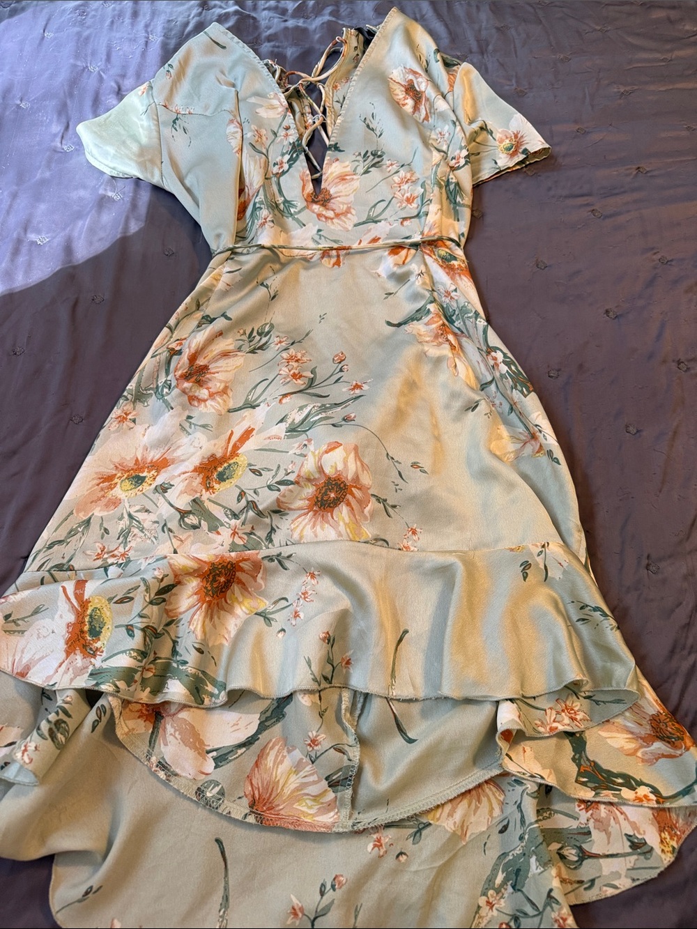 PrettyLittleThing Sage Green Floral High-Low Dress